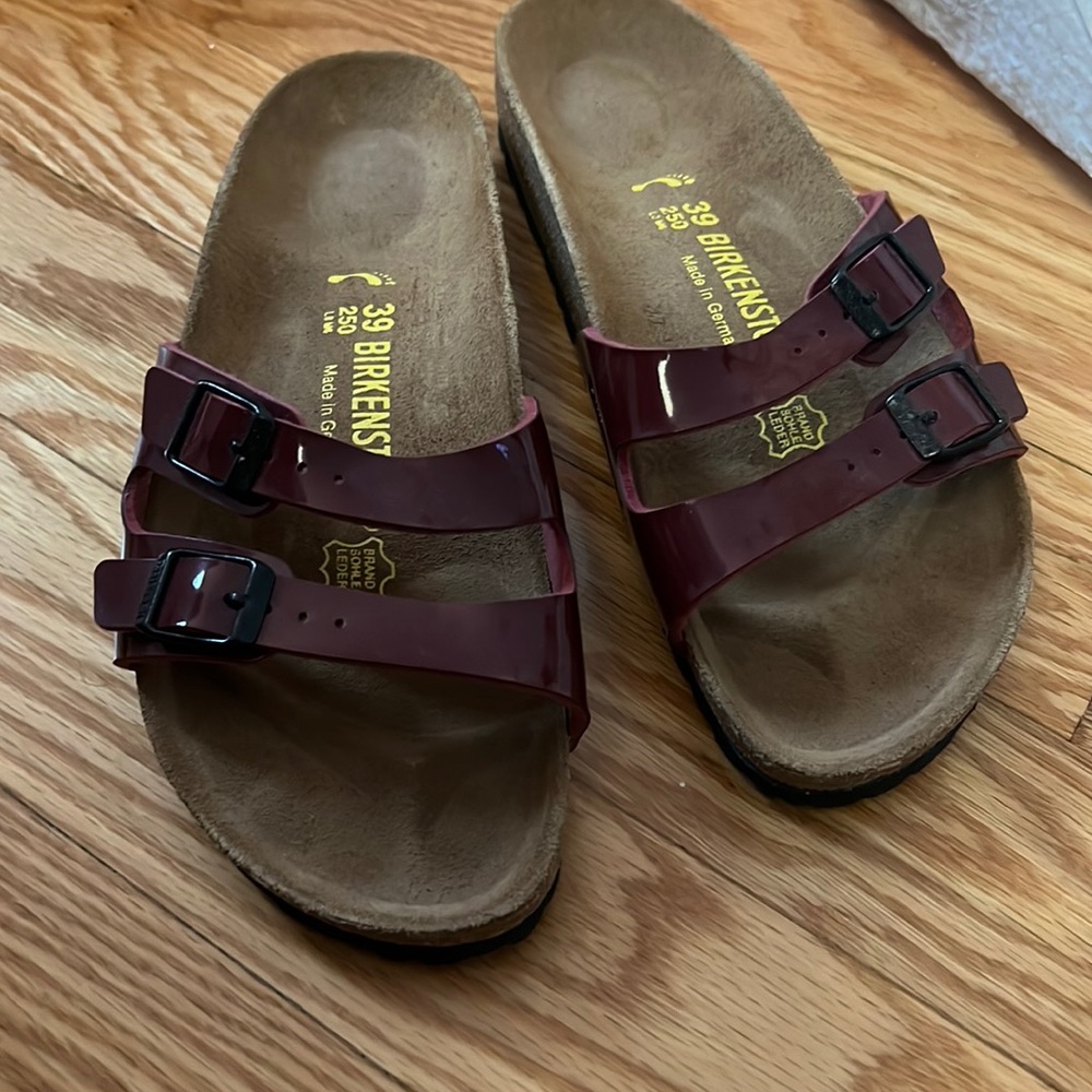 Glossy cranberry Birkenstocks
